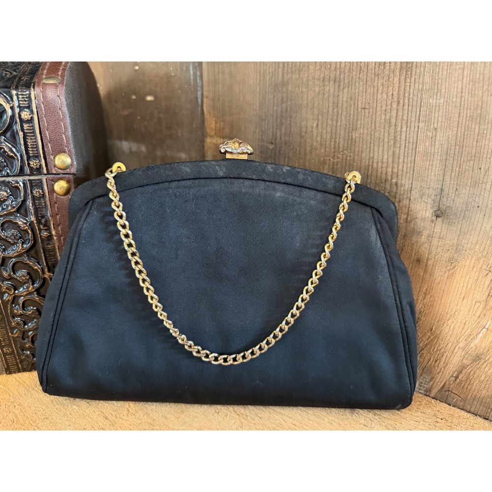 Vintage Garay Black Evening Bag Gold Chain Rhinestone Clasp Cocktail Purse